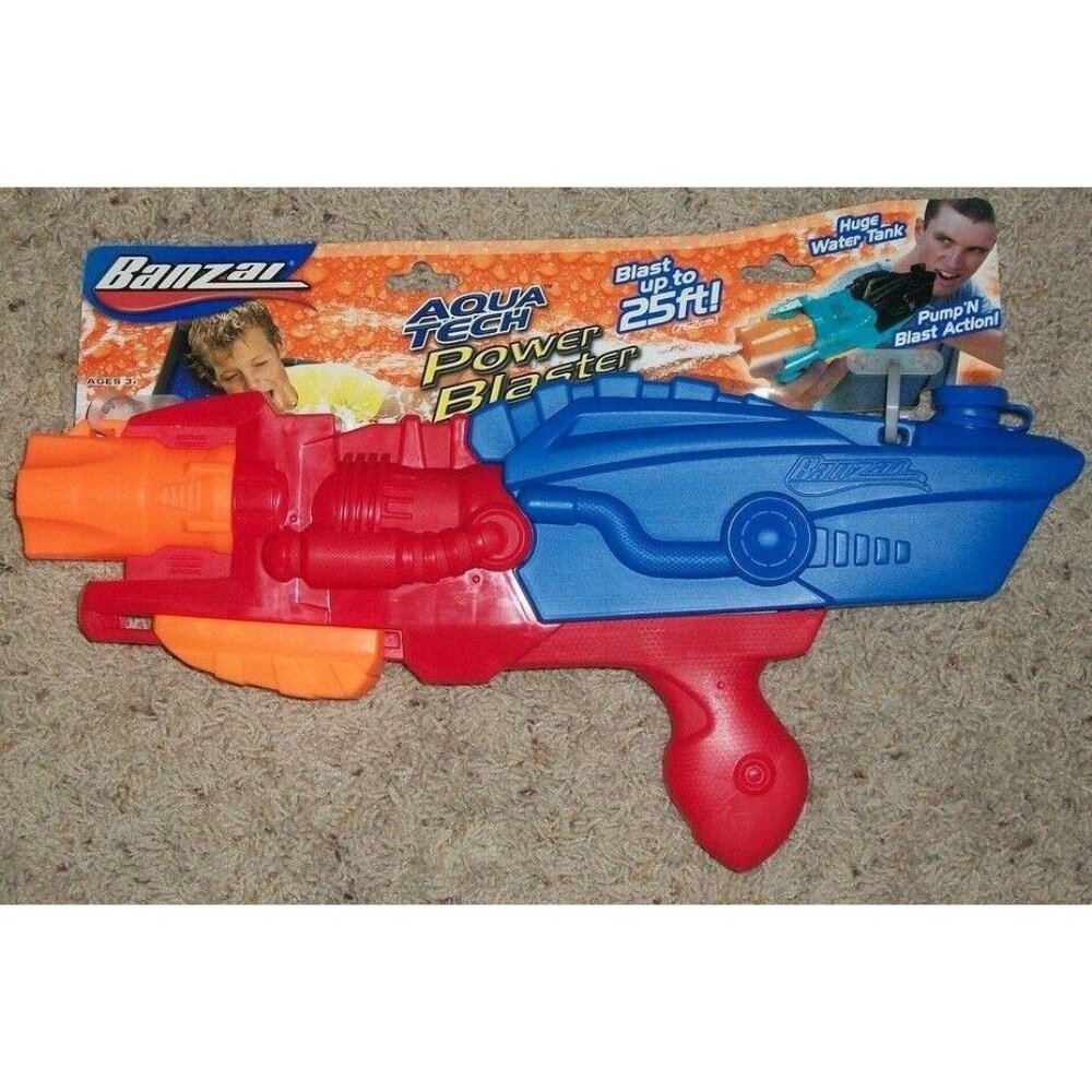 Banzai Aqua Tech Power Blaster Water Gun 25ft Blast Range Pump Action Pool Games